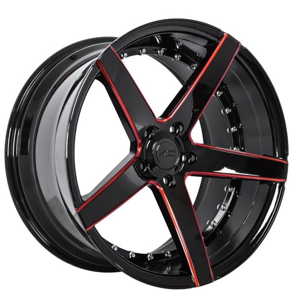 STAGGERED AC WHEELS AC02 GLOSS BLACK WITH RED MILLED EXTREME CONCAVE RIMS